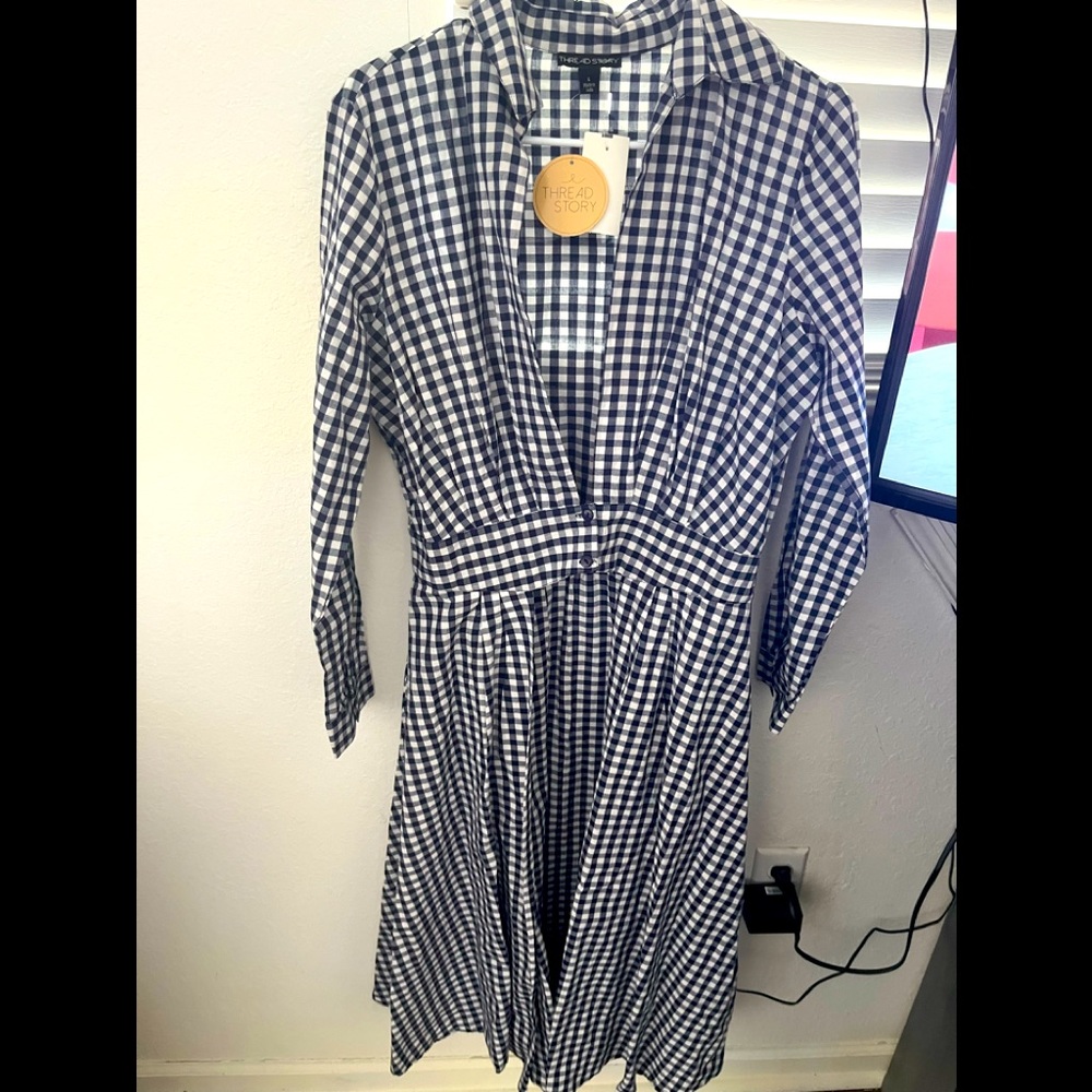 Blue and white plaid dress never used size L Brand New